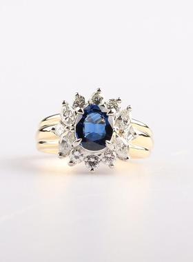 中古95新日本进口商品椭圆形切工蓝宝石钻石K18YG/PT900戒指49号