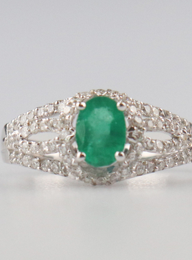 中古95新-椭圆型切工祖母绿钻石戒指18K白金52号