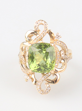 中古95新日本进口商品艺术造型橄榄石钻石戒指K18黄金53号