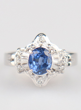 中古95新日本进口商品椭圆型切工蓝宝石钻石铂金90048号戒指