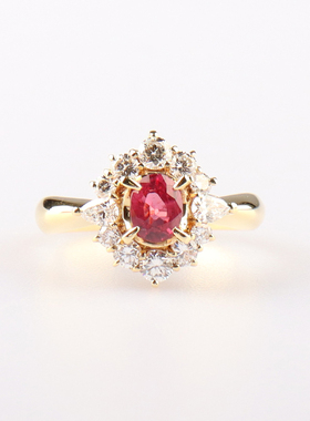 中古95新日本进口商品椭圆形切工红宝石钻石K18黄金50号戒指