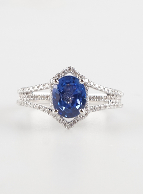 中古95新日本进口商品椭圆形切工蓝宝石钻石戒指750白金53号戒指