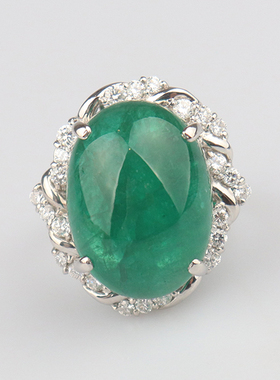 中古95新日本进口商品凸圆形切工祖母绿钻石戒指铂金90058号