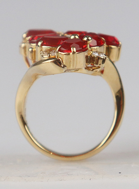 「9.5新」日本进口商品椭圆形切工火欧珀群镶钻石戒指K18黄金52号