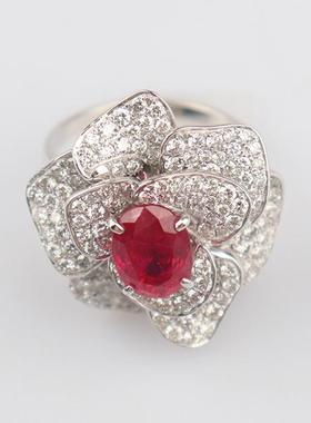 中古95新缅甸鸽血红红宝石花形钻石戒指K18白金54号