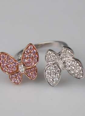 「9.5新」日本进口商品蝴蝶形粉色蓝宝石钻石戒指750PG/750WG58号