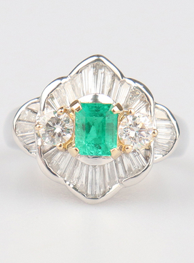 中古95新日本进口商品哥伦比亚祖母绿群镶钻石戒指Pt900K18黄金