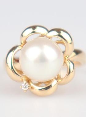 中古95新TASAKI塔思琦花型海水珍珠钻石戒指K18黄金52号