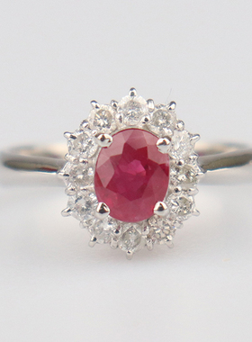 中古95新日本进口商品椭圆形切工红宝石钻石戒指铂金90051号