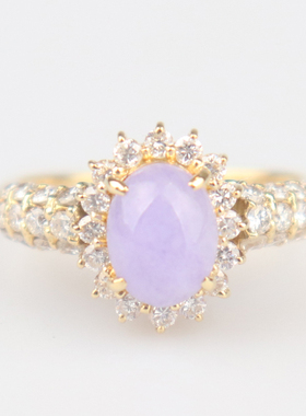 中古95新薰衣草翡翠钻石戒指K18黄金50号