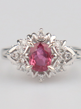 中古95新日本进口商品椭圆形切工红宝石钻石戒指铂金90052号