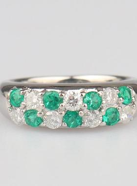 中古95新日本进口商品群镶祖母绿钻石戒指铂金90050号