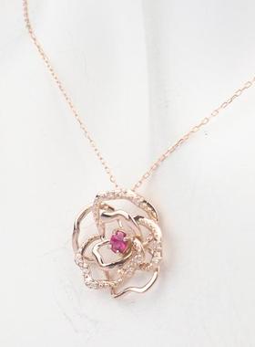 中古95新日本进口商品花形素面红宝石钻石项链K18玫瑰金