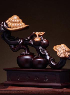 黑檀木雕事事如意摆件实木雕刻柿子灵芝客厅玄关装饰乔迁新居礼品