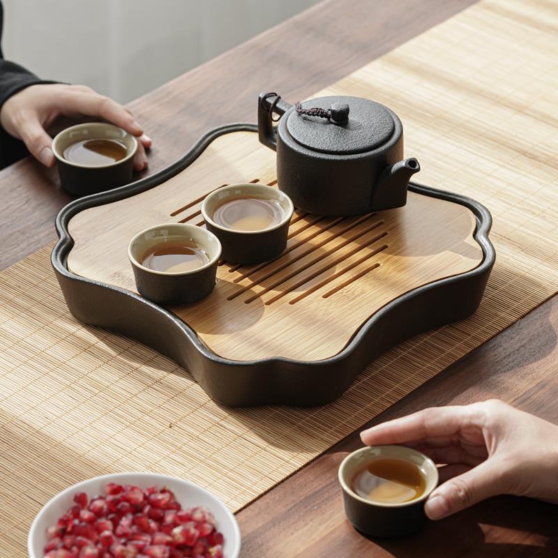 黑陶茶壶茶杯套装轻奢现代办公室小型竹制干泡台茶盘家用功夫茶具 - 图1