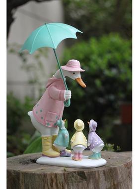 出口外贸撑伞鸭子一家白鹅动物雕塑田园ins风树脂花园装饰品摆件