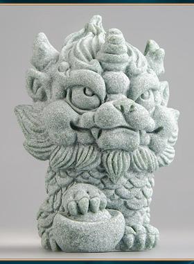 青砂石国潮风麒麟绣球动物摆件创意家居客厅桌面鱼缸造景装饰摆设
