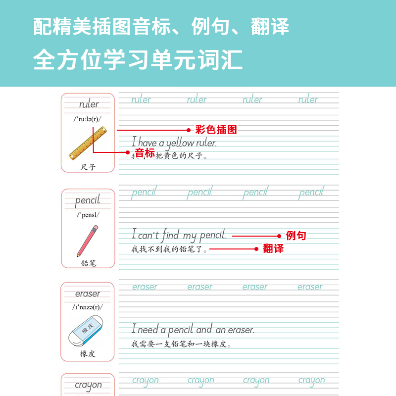 荣恒教育小学生英语同步字帖一二三四五六年级上册22秋RJ笔顺引导教材同步临摹并重学练结合小学生儿童听说读写全面提升（红逗号）