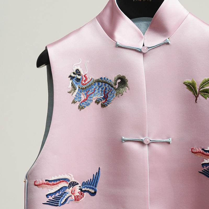 门里门外粉色拼蓝色花鸟兽纹双韵双面穿马甲BC25CM0318R - 图3