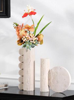 侘寂风天然大理石黄洞花瓶客厅餐桌玄关柜酒店样板间插花装饰摆件