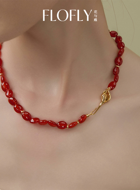 花与蝶轻奢高级感本命年新年马蹄莲天然红玛瑙串珠毛衣项链女