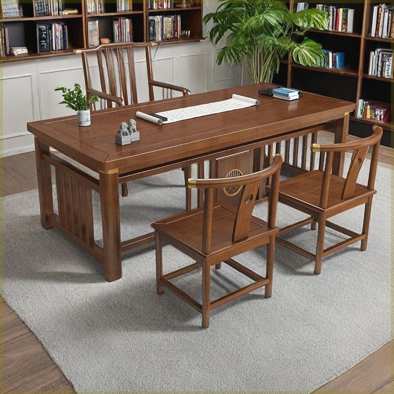 新中式实木书桌茶桌两用家用桌胡桃色花梨色写字台 - 图0