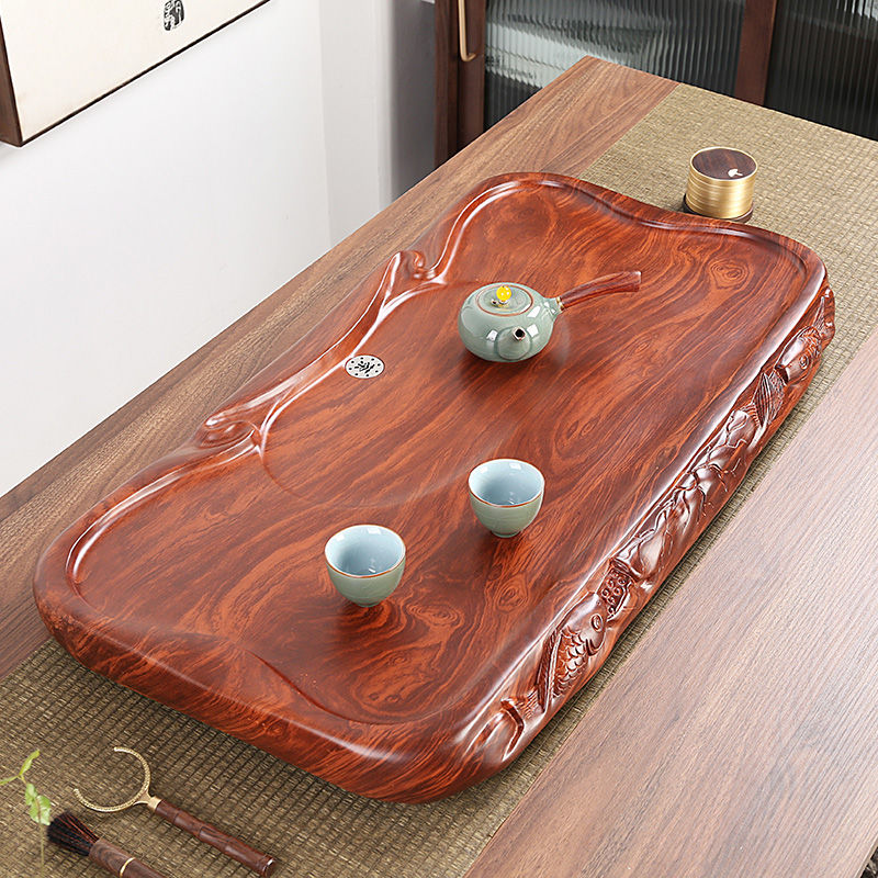 黑檀木茶盘整块实木家用小茶台单层仿木质茶海排水式功夫茶具托盘 - 图0