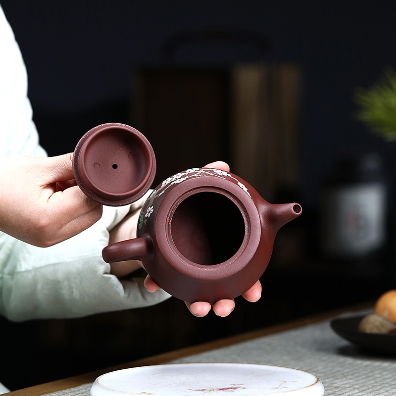 宜兴紫砂壶原矿紫泥梅花君德手工泥绘中式礼品功夫茶具茶器 300ml
