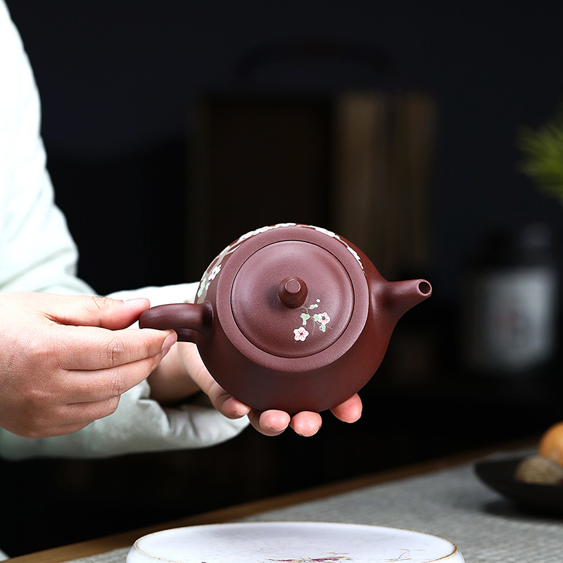 宜兴紫砂壶原矿紫泥梅花君德手工泥绘中式礼品功夫茶具茶器 300ml