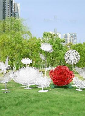 户外不锈钢镂空花朵雕塑铁艺网格莲花发光摆件售楼处草坪景观装饰