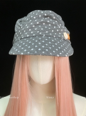 diy多种戴法复古波点纽扣画家帽