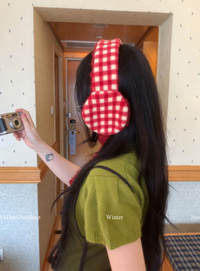 圣诞派对～复古红格纹系带耳罩女