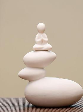 创意简约禅意陶瓷无相佛水培花插小生人物佛像小和尚茶宠中式摆件