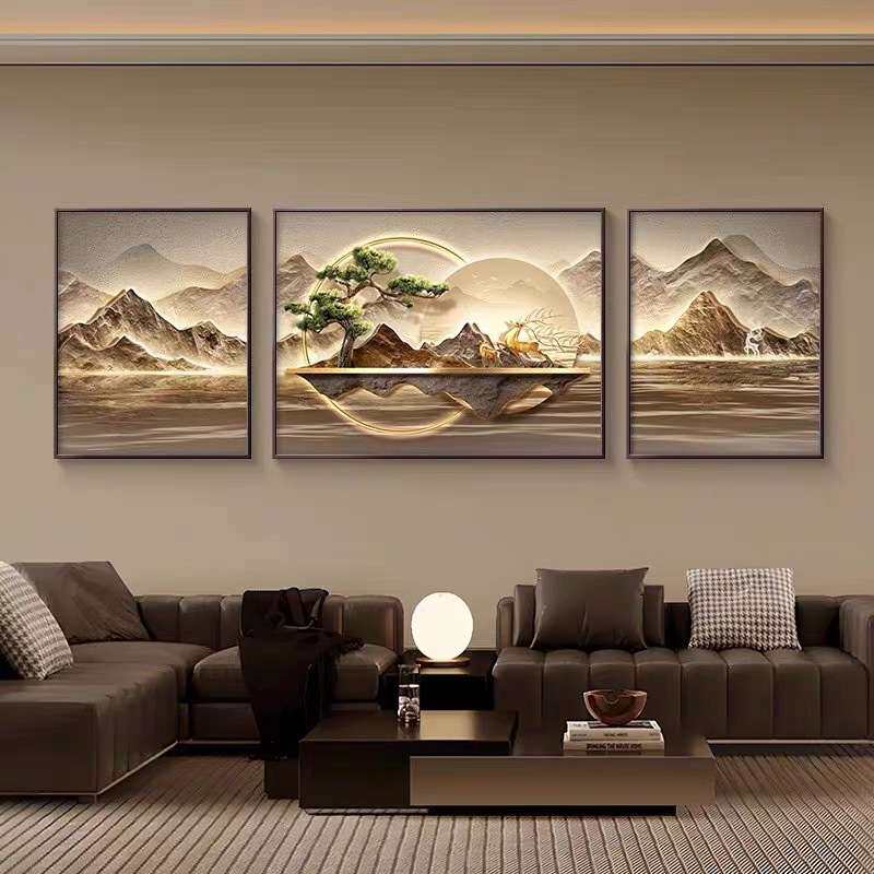 日出东方客厅装饰画新中式沙发背景墙挂画山水画高档大气三联壁画