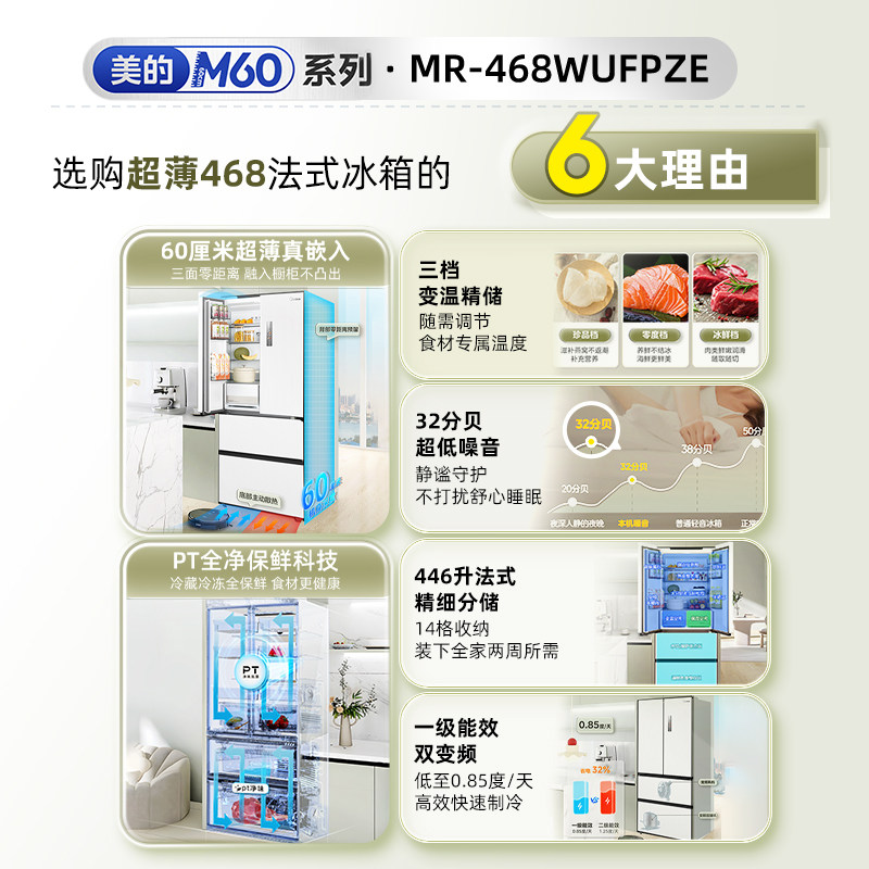 美的M60cm超薄468零嵌入式法式多门双开电冰箱一级无霜白色家用