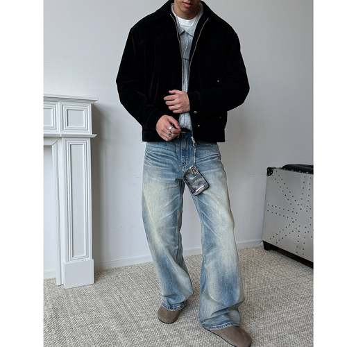 MANCHER 黑棕配色巴恩风麂皮绒夹克男boxy短款正肩版型老钱风外套 - 图2