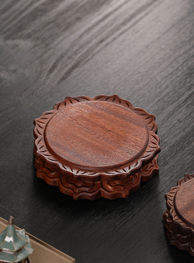 佛像底座实木奇石头花瓶香炉茶壶托盘圆形莲花托架木质工艺品摆件