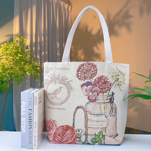 瓶中花双面金丝提花刺绣帆布手提包单肩包休闲文艺学生上班通勤包 - 图1