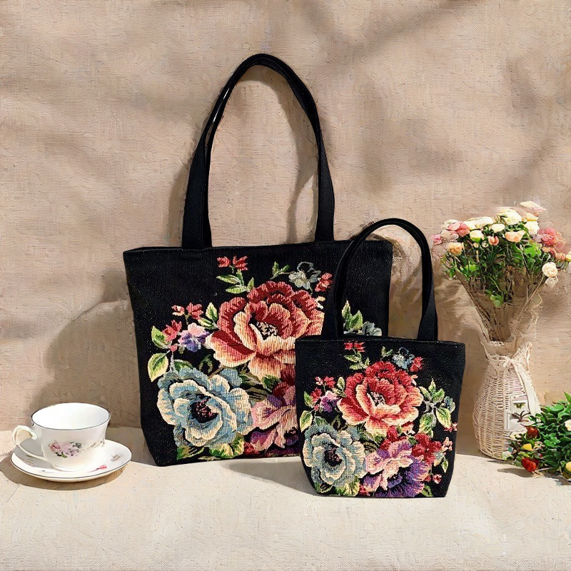 新款帆布包时尚百搭手提包双面金丝提花刺绣单肩包女士便携便当包,淘宝优惠券,粉丝福利购,淘宝优惠卷