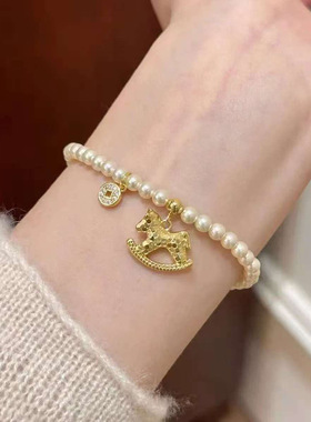 珍珠锆石铜钱小马复古优雅手链