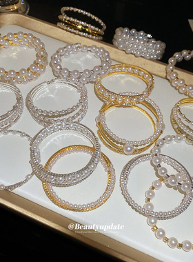 轻奢复古镶钻珍珠双层开口手镯