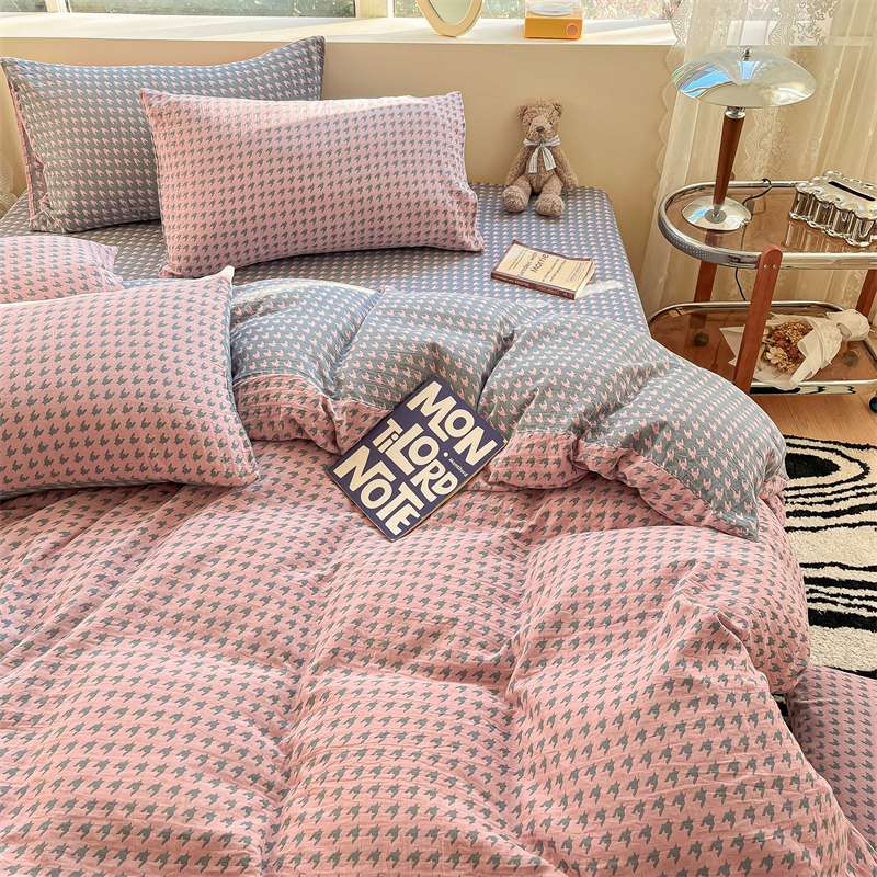 母婴级A类提花色织双层纱四件套柔软透气床单被套纯棉全棉床笠4件 - 图1