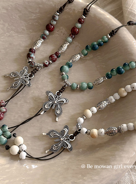 新中式蝴蝶陶瓷串珠项链女生复古