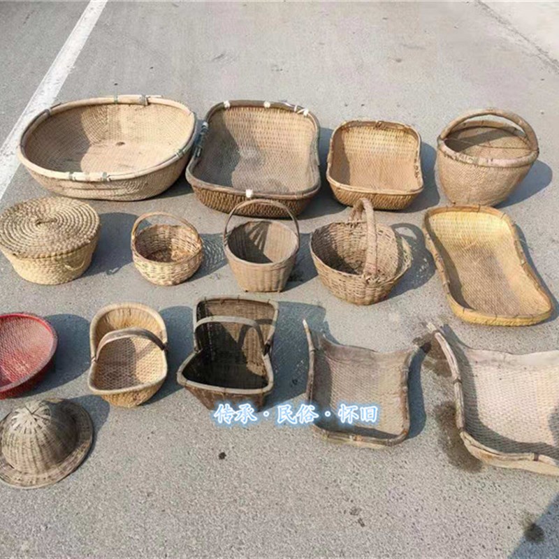 民俗怀旧老物件柳编针线簸箩簸箕柳条篮元宝蓝竹编提篮主题餐厅饰 - 图2