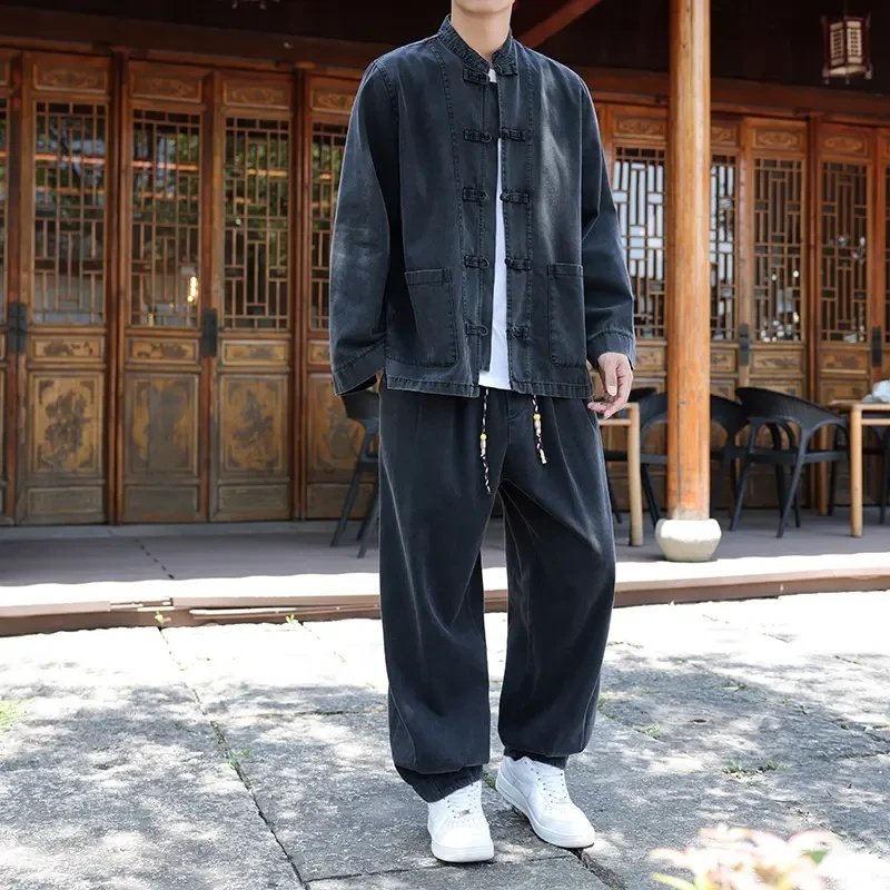 特大码300斤轻奢痞帅禅意男装秋季国风牛仔衬衫夹克休闲宽松套装2,淘宝优惠券,粉丝福利购,淘宝优惠卷