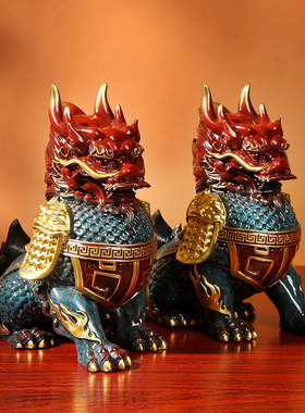 速发彩色对瑞麒麟彩铜摆饰公母一祥大小送财客厅家玄关吉祥装摆工