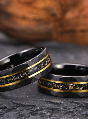 8宽电黑色钨钢镶碎金箔陨石奥宝男士戒指热卖款
