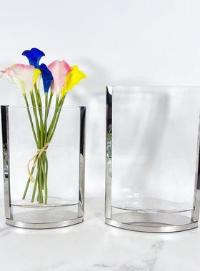 现代简约扁平透明玻璃花器样板房售楼处客厅餐厅桌面玄关花瓶摆件