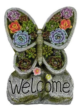 电商LED太阳能多肉蝴蝶树脂工艺品花园装饰室外摆件灯