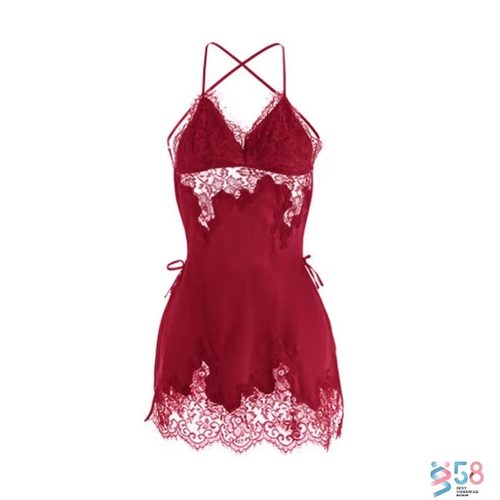 辣妹性感睡衣深V低胸带胸垫蕾丝蝴蝶结背心家居服睡裙纯欲风吊带 - 图3